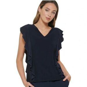 Tommy Hilfiger Women’s V Neck Ruffled Pullover Blouse